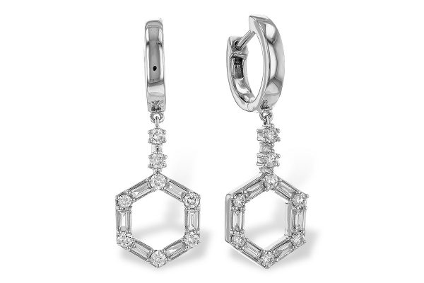 14k White Gold Diamond Hexagon Dangle Earrings