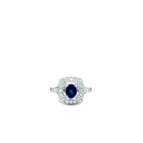 14k White Gold Sapphire and Diamond Vintage-Style Ring