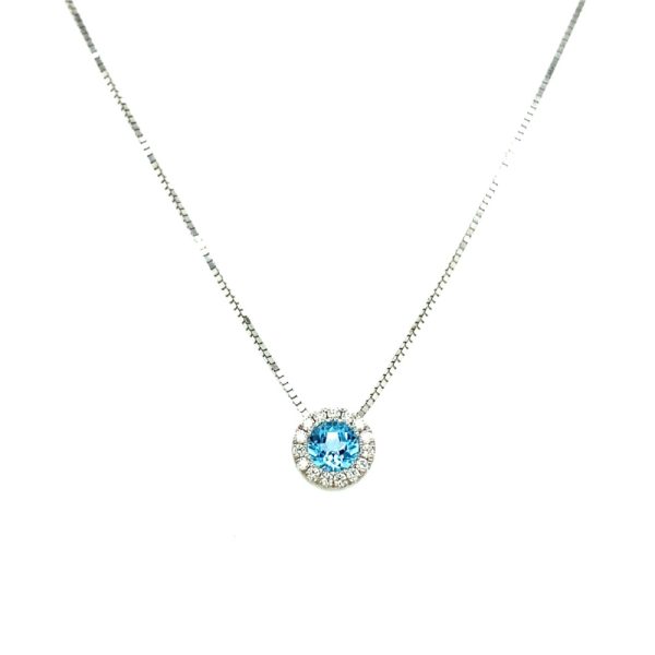 14k White Gold Blue Topaz and Diamond Birthstone Pendant